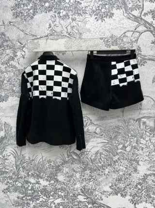 CD 25 Checkerboard Contrast Ribbon Casual Suit Polyester