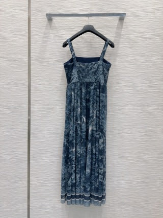 CD 25 Print Suspender Skirt Light Gray and Navy Blue Polyester