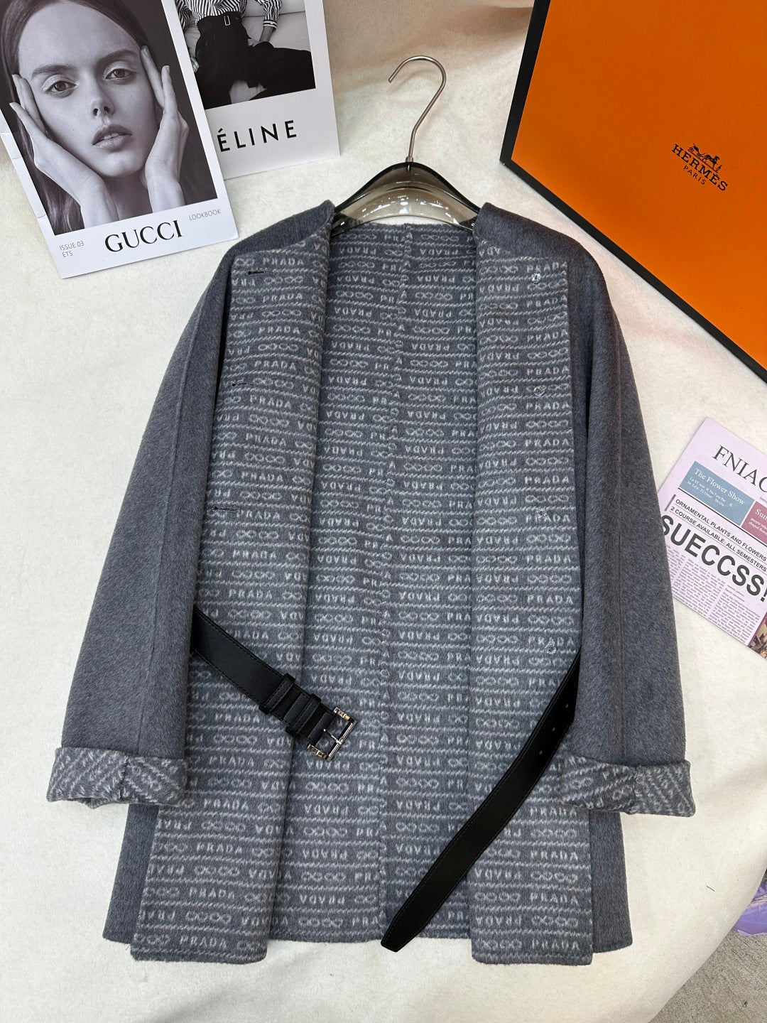 Prada 25 Mid-length Coat Gray Wool 637358