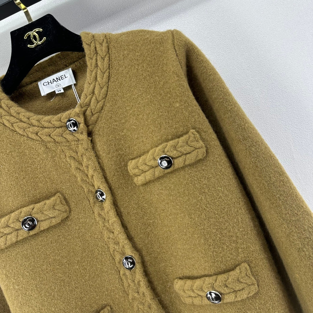 Chanel 2025 Cardigan Grey and Olive Brown Wool 329282