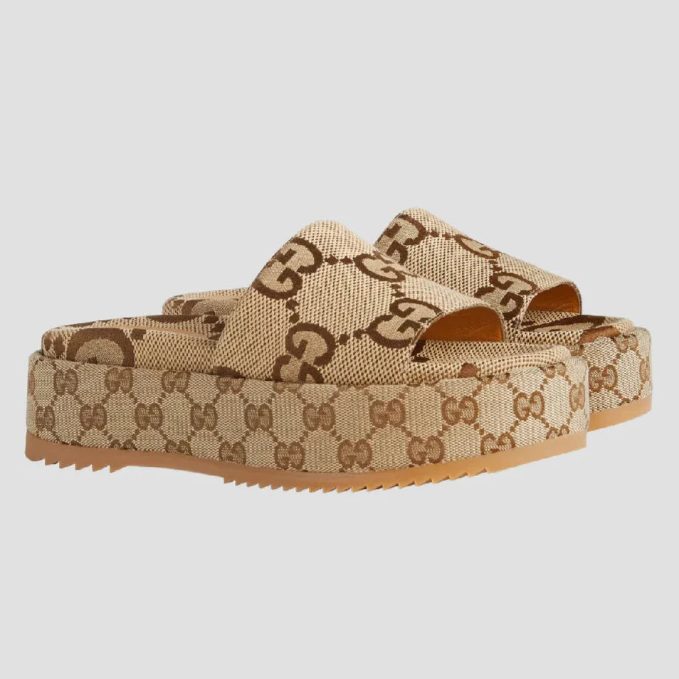 GC 25 Interlocking G 55mm Slide Sandal Monogram Beige Brown Cowhide Canvas