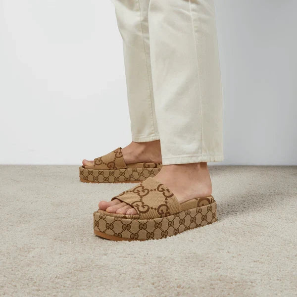GC 25 Interlocking G 55mm Slide Sandal Monogram Beige Brown Cowhide Canvas