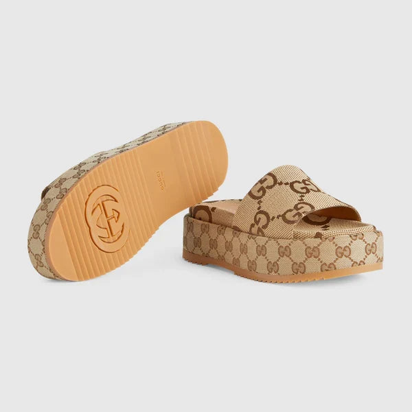 GC 25 Interlocking G 55mm Slide Sandal Monogram Beige Brown Cowhide Canvas