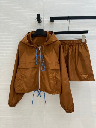 Prada 25 Hooded Jacket and Short Set Brown Polyester