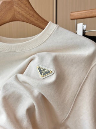 Prada Triangle Logo Round Neck T-shirt Beige Cotton