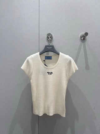 Prada 25 Letter Embroidered Knitted Short-sleeved Top Wool Acrylic Nylon 216873