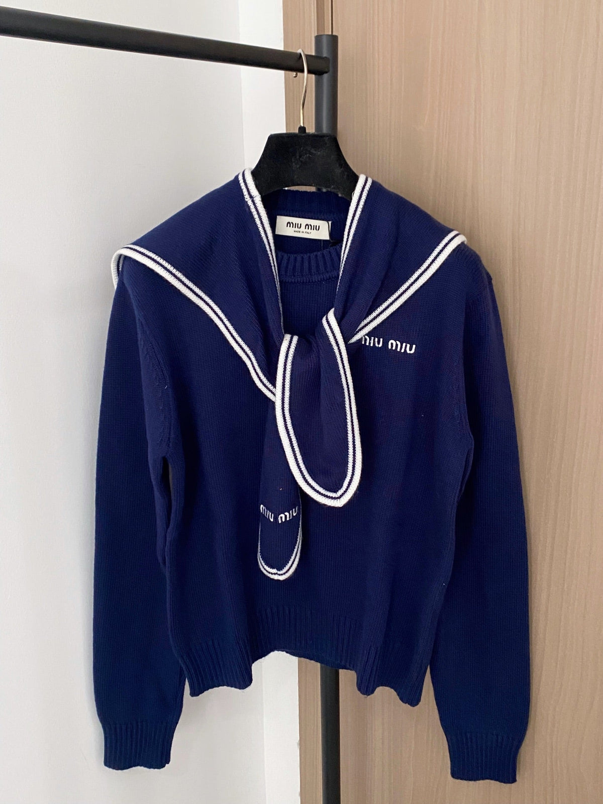 Miumiu 2025 Sailor Sweater Red and Navy Blue Wool