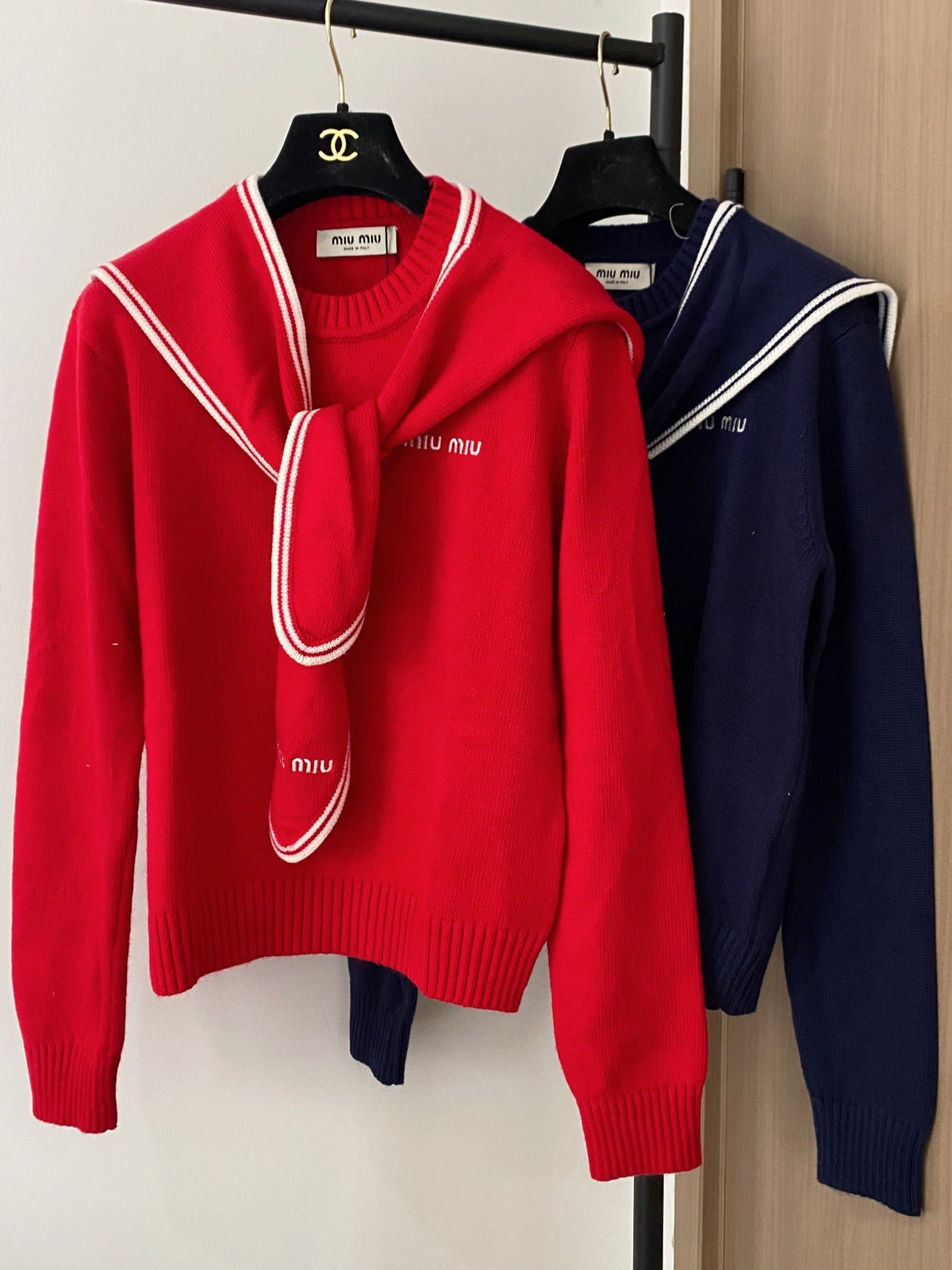 Miumiu 2025 Sailor Sweater Red and Navy Blue Wool