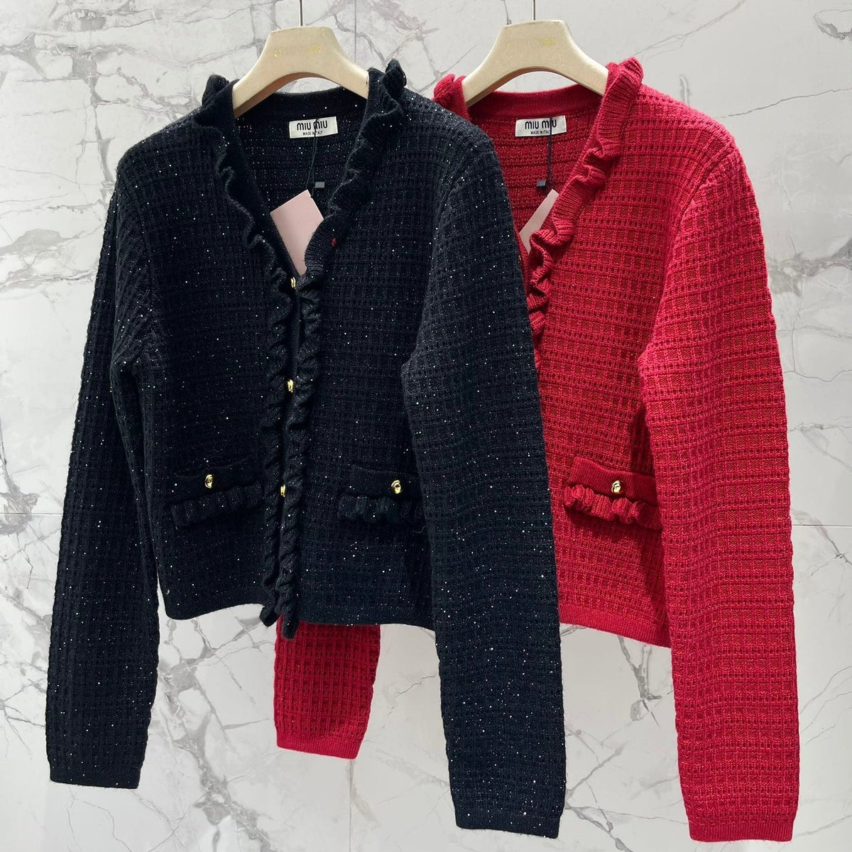 Miumiu 2025 Ruffled V-Neck Knit Cardigan Wool