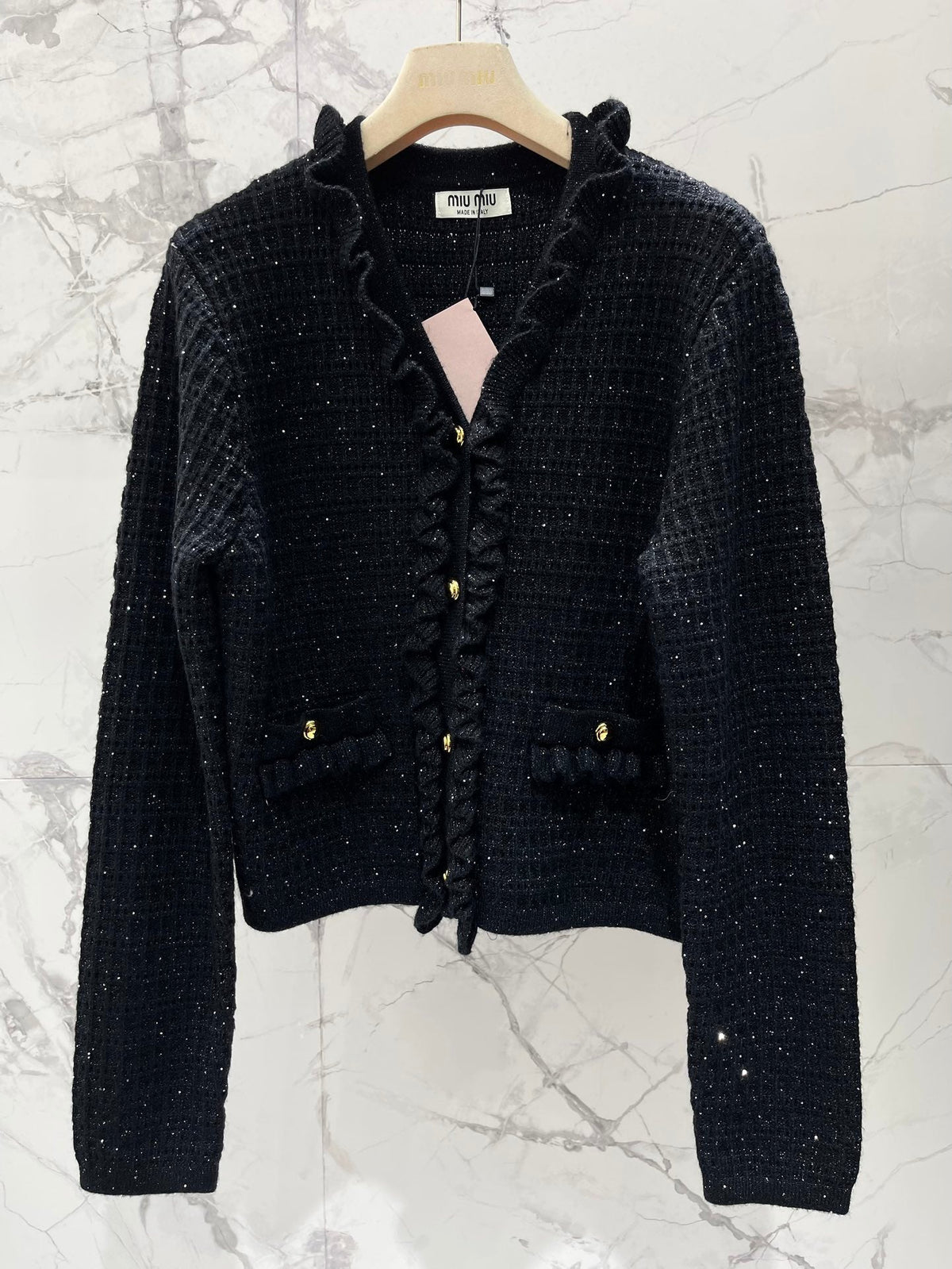 Miumiu 2025 Ruffled V-Neck Knit Cardigan Wool