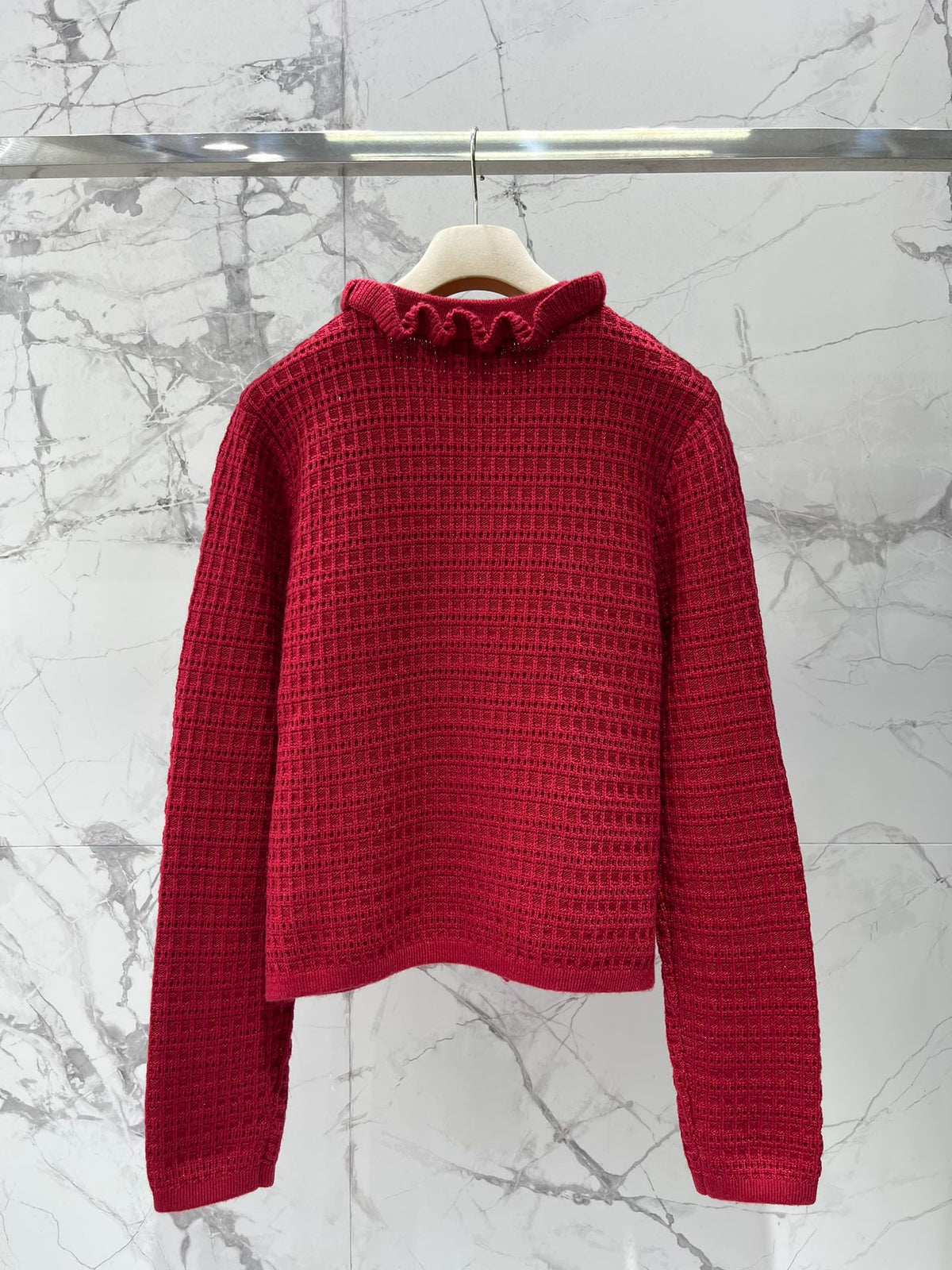 Miumiu 2025 Ruffled V-Neck Knit Cardigan Wool