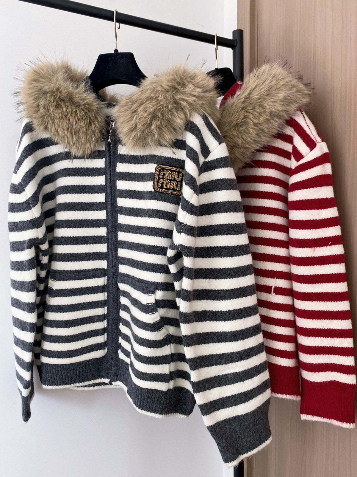 Miumiu 2025 Fur Hoodie Stripe Jacket Wool