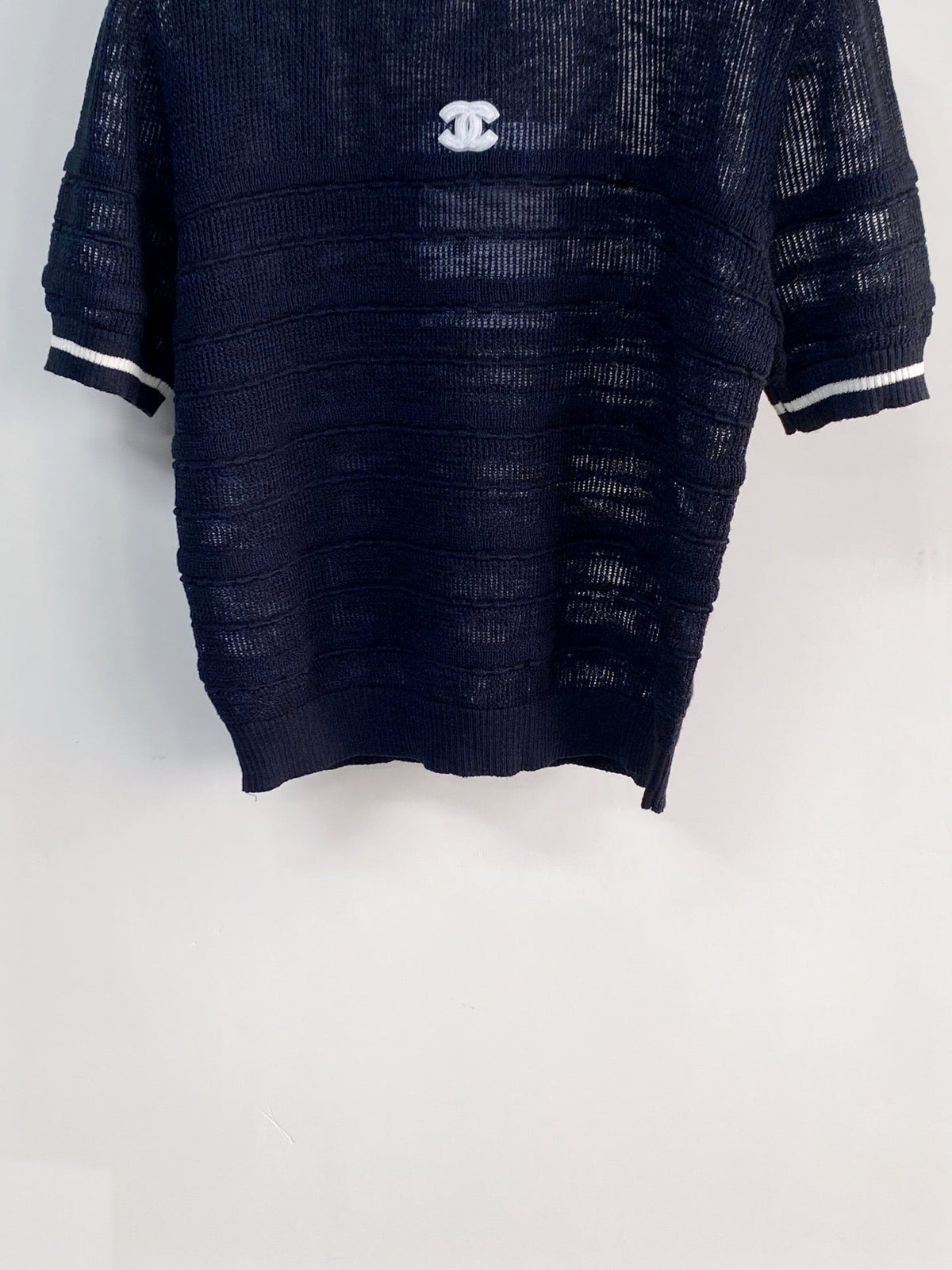 Chanel 2026 Short-sleeved Shirt Navy Blue White Tencel Cotton 166800