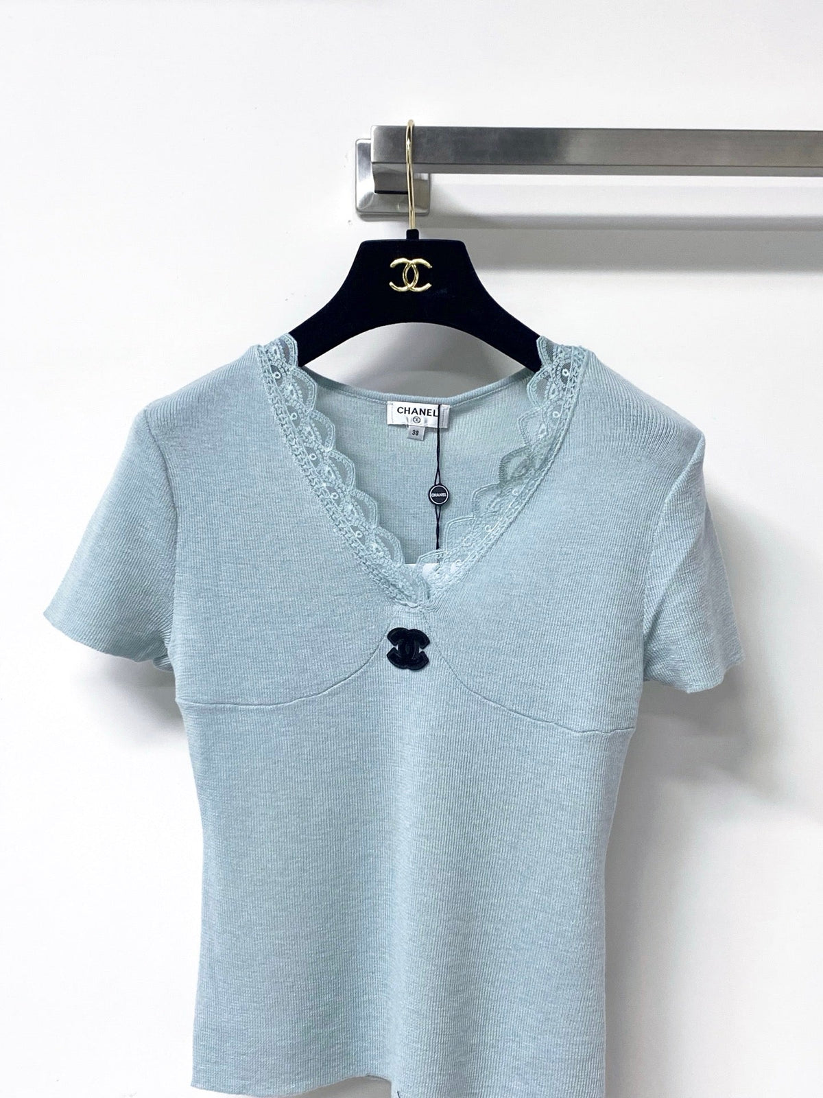 Chanel 2026 Lace V-neck Shirt Blue Pink Wool Cashmere 295236