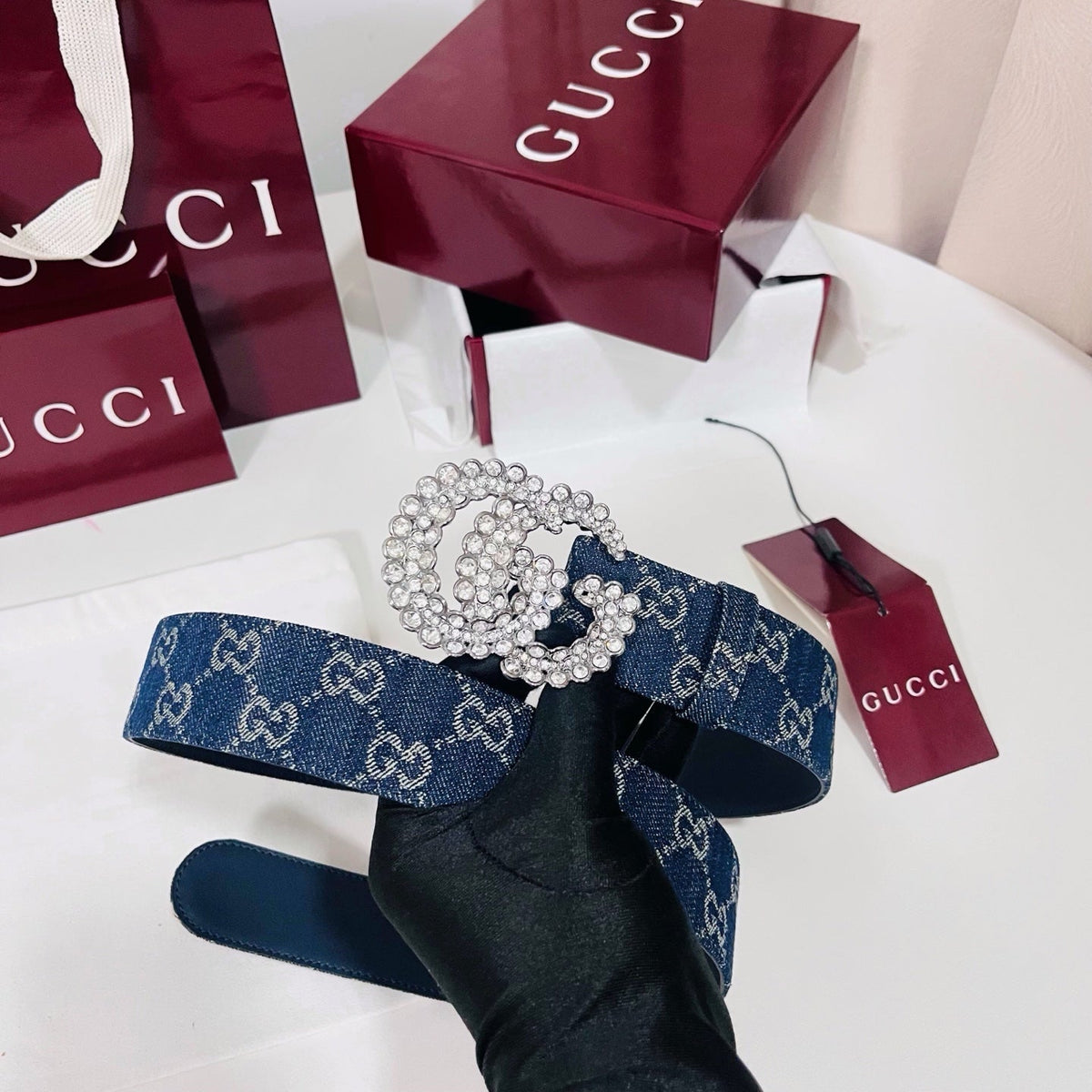 Gucci 2026 GG Monogram Crystal Buckle Belt 40mm Denim