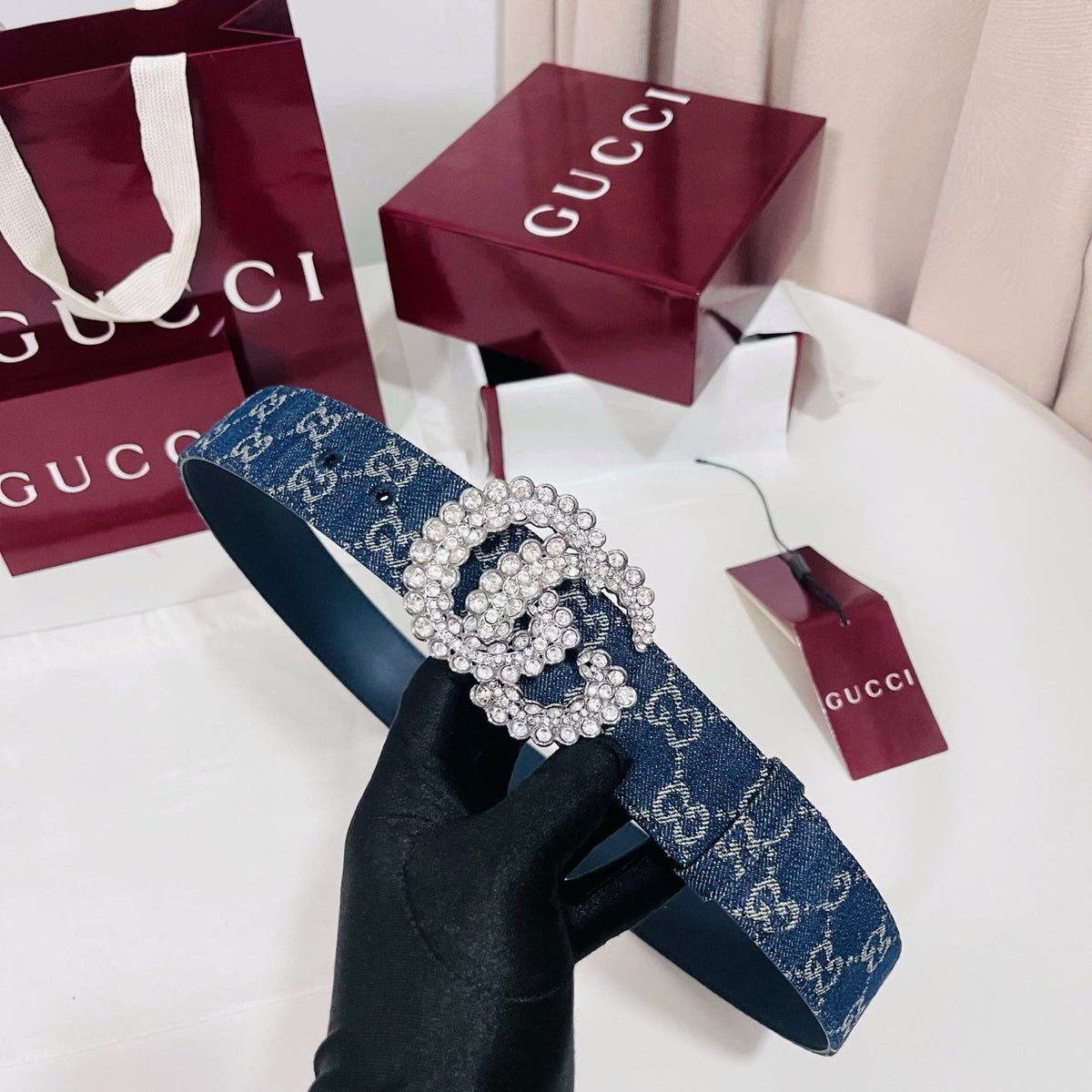 Gucci 2026 GG Monogram Crystal Buckle Belt 40mm Denim