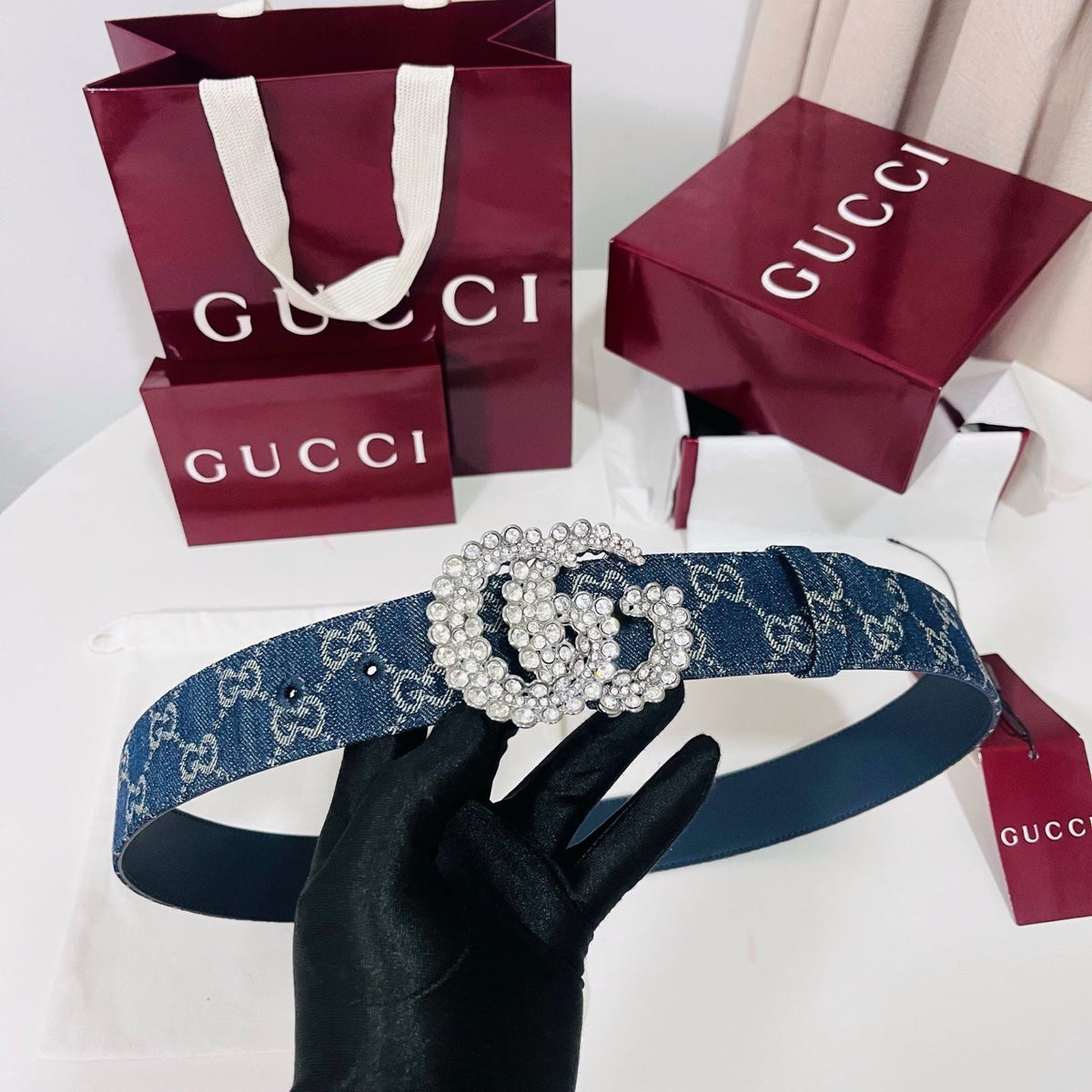 Gucci 2026 GG Monogram Crystal Buckle Belt 40mm Denim