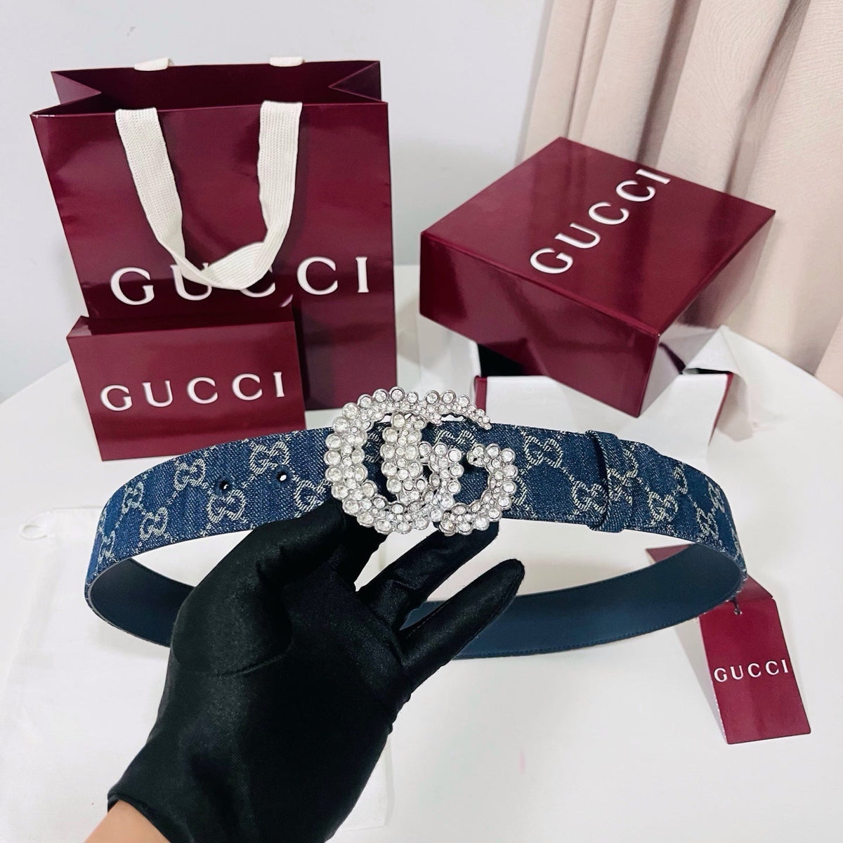 Gucci 2026 GG Monogram Crystal Buckle Belt 40mm Denim
