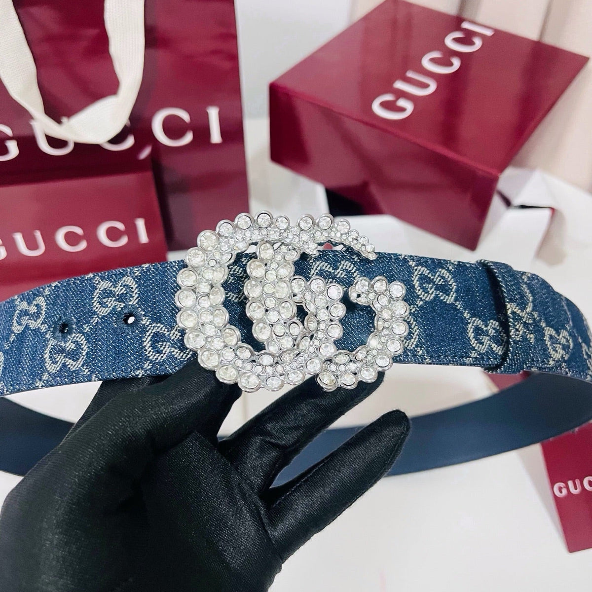 Gucci 2026 GG Monogram Crystal Buckle Belt 40mm Denim
