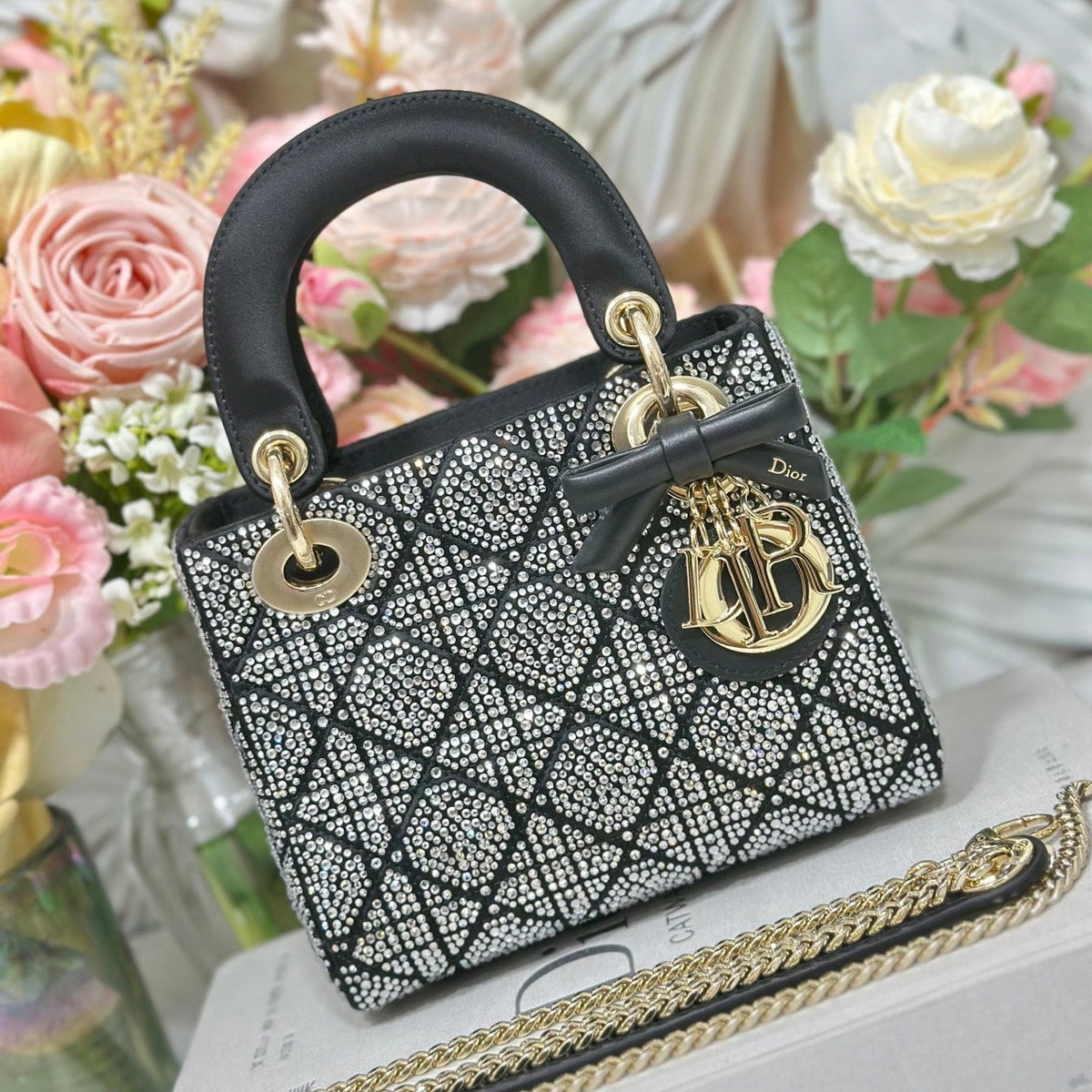 Dior 2026 Mini Lady Dior Bag Black Cannage Satin and Strass 405668