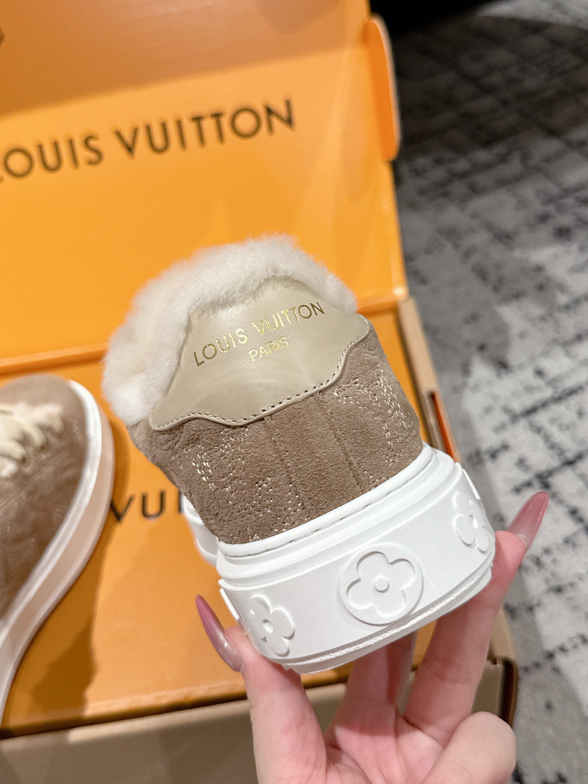 LV 2026 Time Out Sneaker Beige White Suede Wool 595291