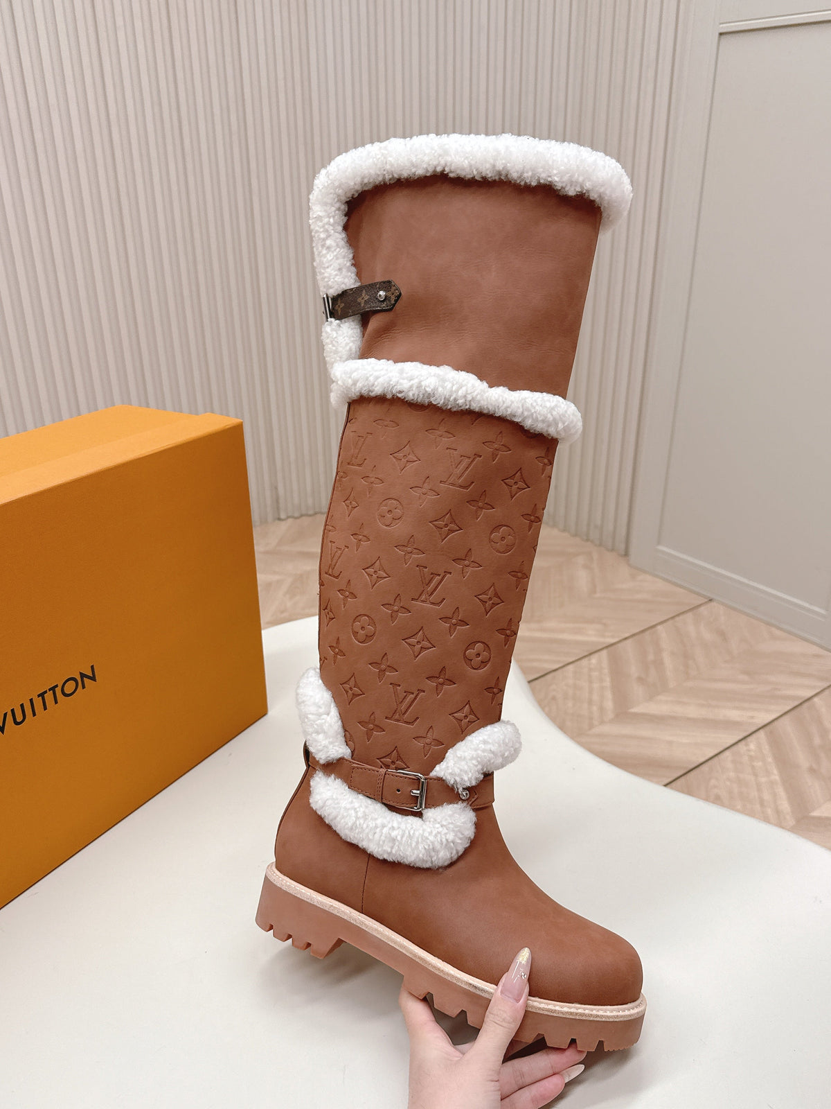 LV 2026 Territory Flat Thigh Boot Brown White Nubuck Calf Leather 595432