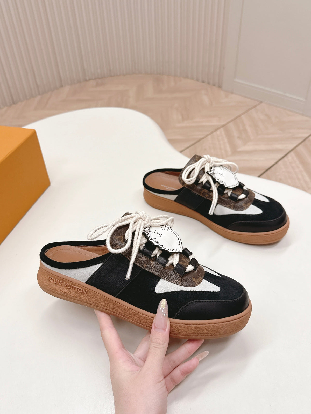 LV 2026 Lous Open Back Sneaker Black Brown Suede Canvas Leather 595415