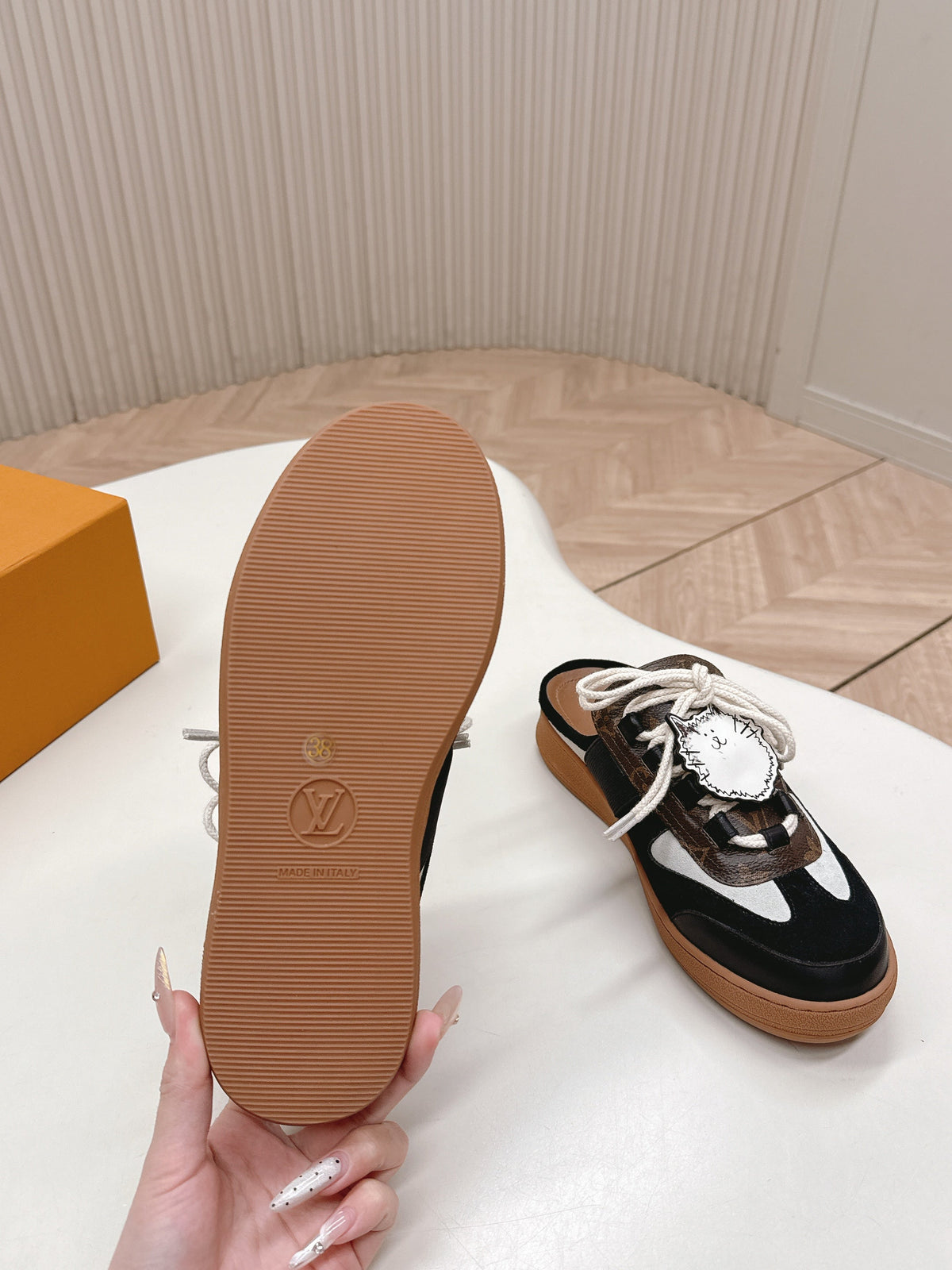 LV 2026 Lous Open Back Sneaker Black Brown Suede Canvas Leather 595415