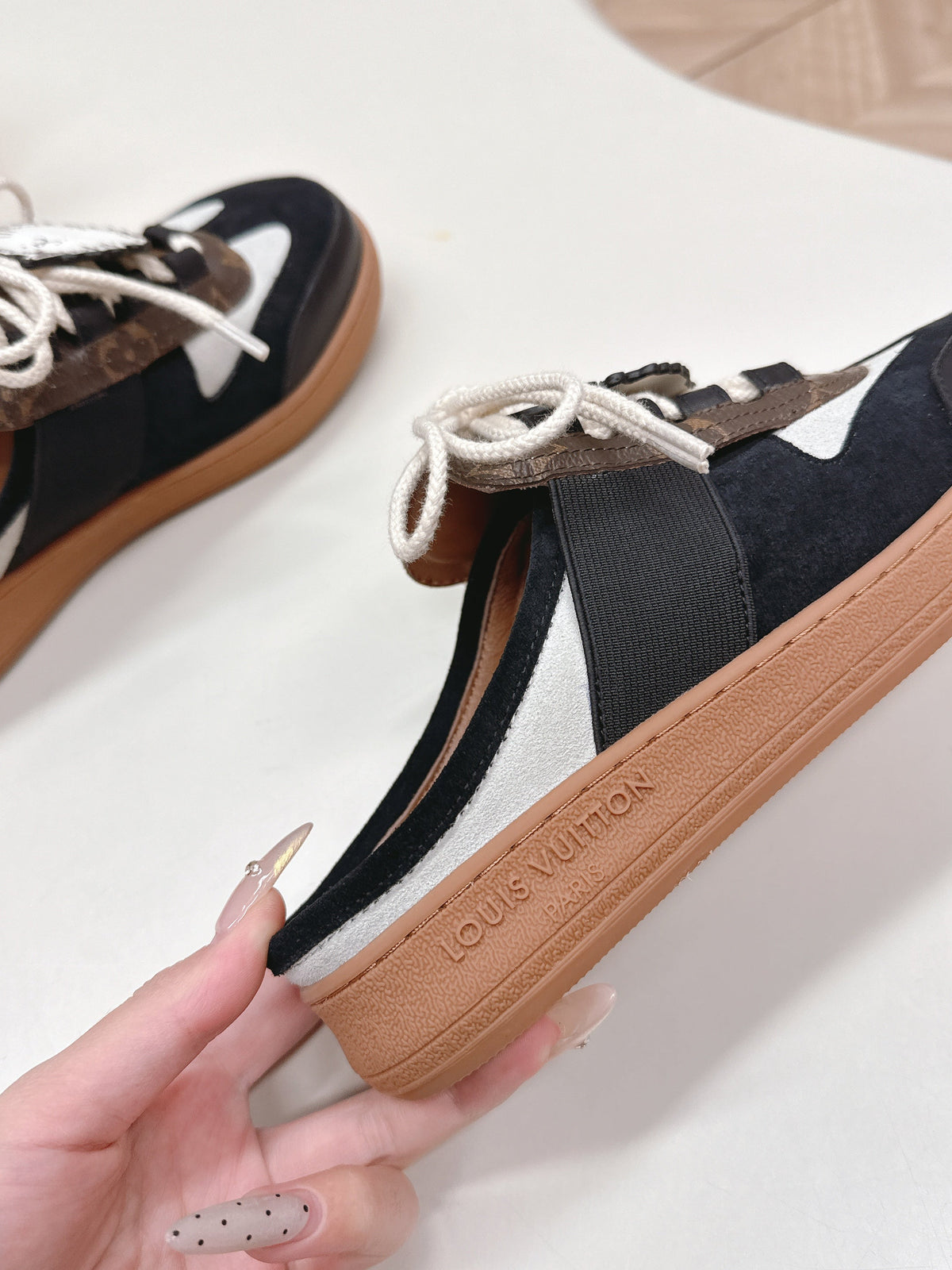 LV 2026 Lous Open Back Sneaker Black Brown Suede Canvas Leather 595415