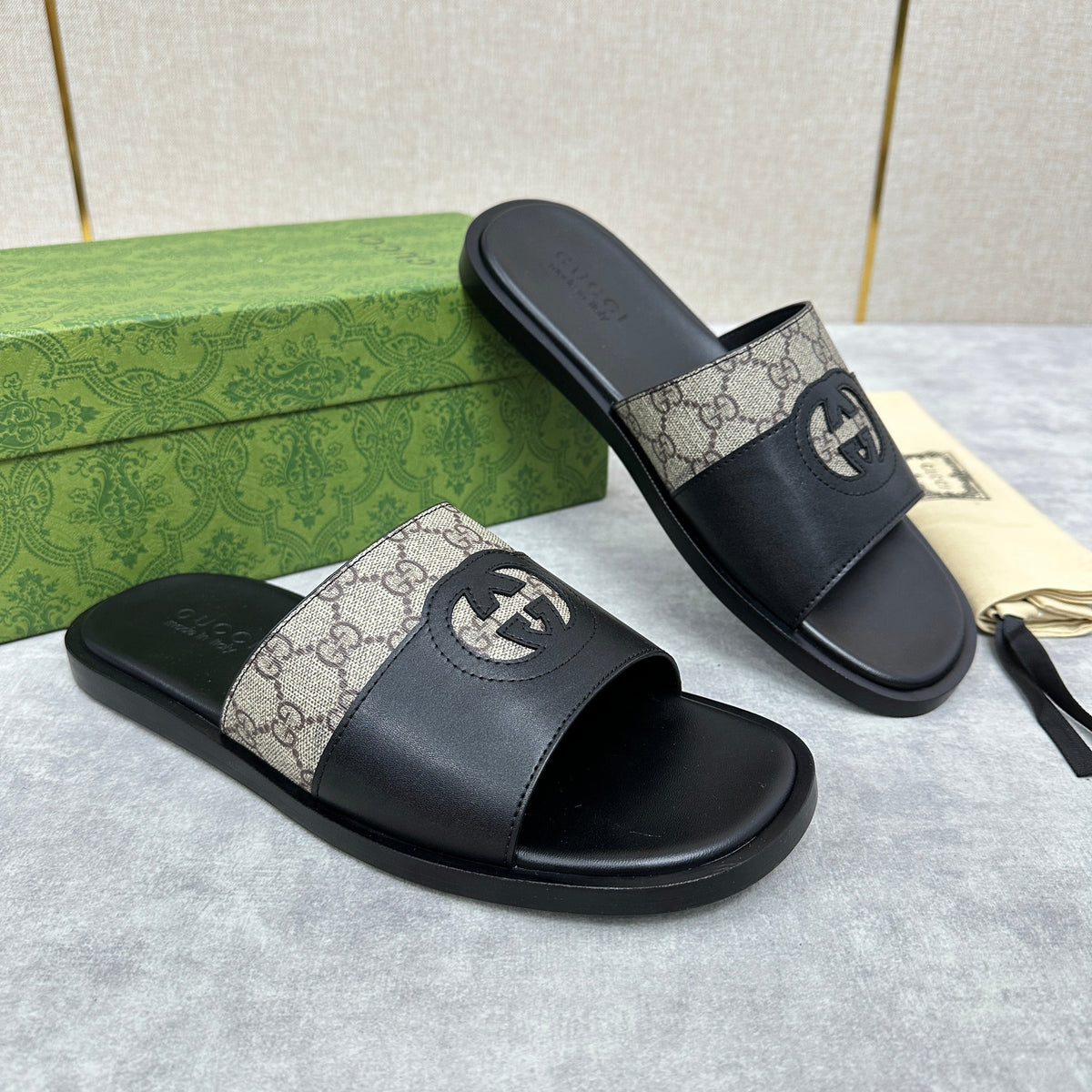 GG Men's Slide Black Brown Canvas Cowhide 542946
