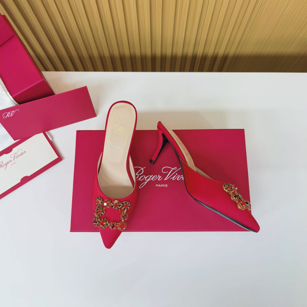 Viv Diamond Mules Red Silk 247391
