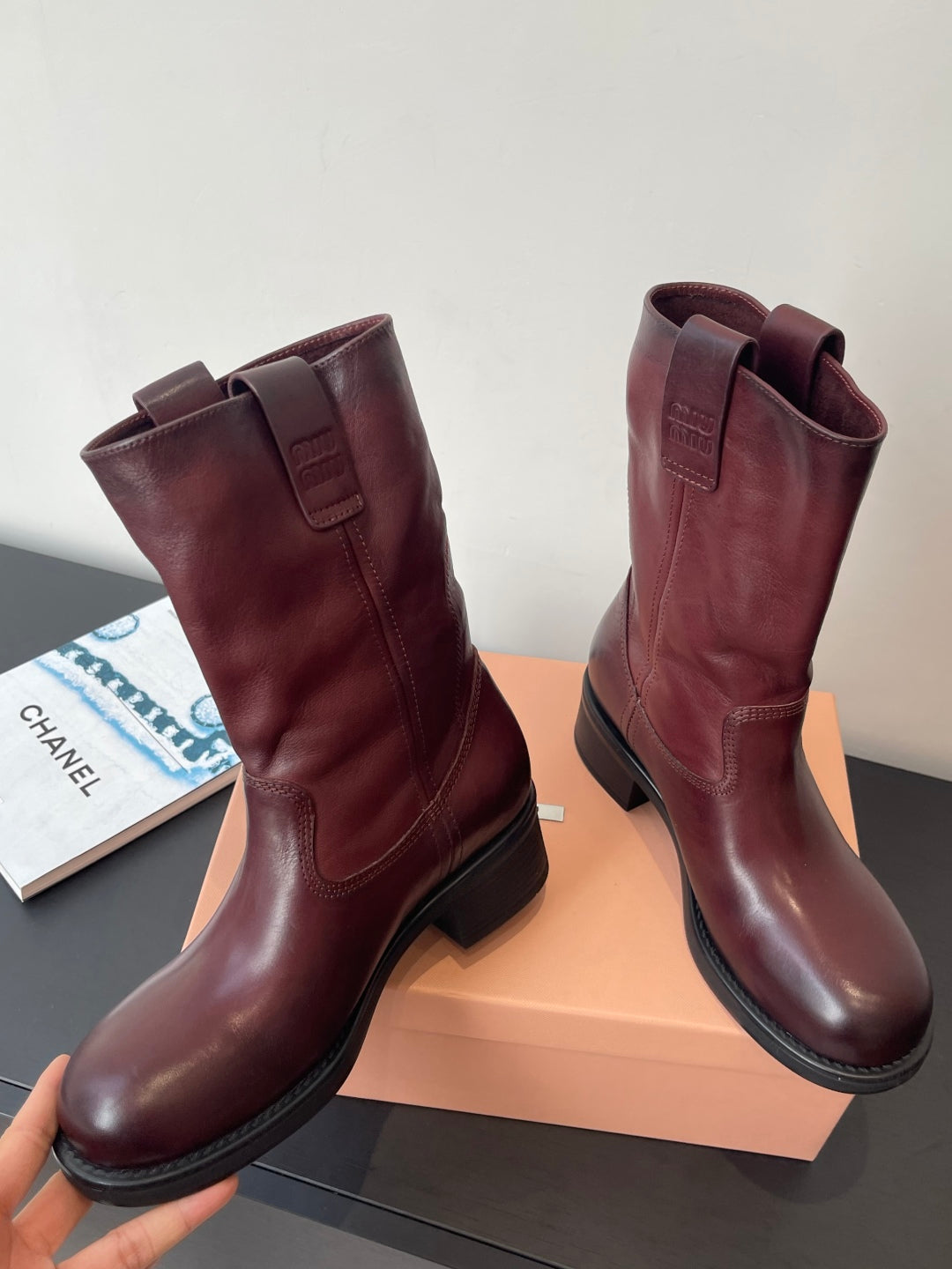 MiuMiu 26 heeled boots burgundy cowhide 521958
