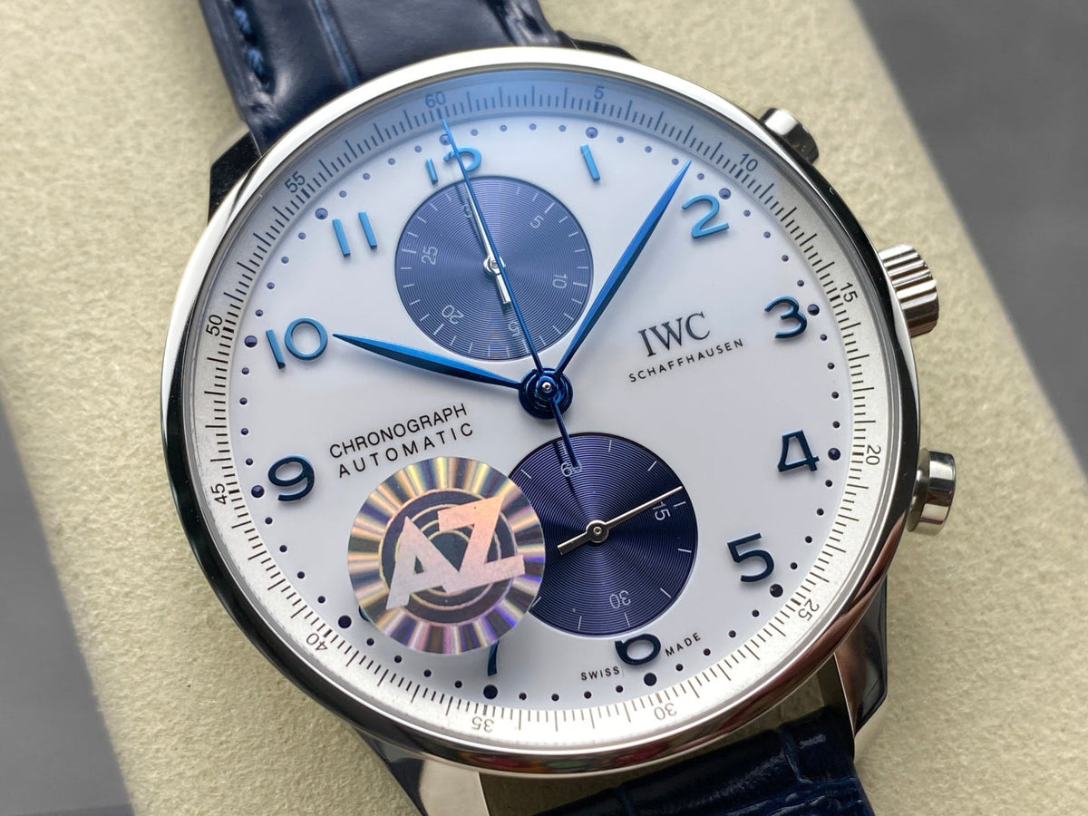 IWC Portuguese 41mm White Blue Dial Steel Case Navy Blue Leather