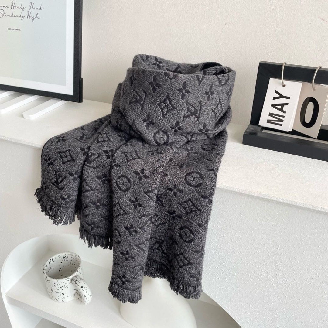 LV Men Scarf 180cm Gray Wool 967166