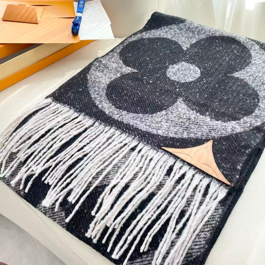 LV Scarf 190cm Black Gray Wool 968486