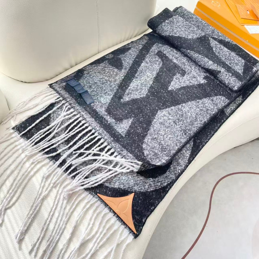 LV Scarf 190cm Black Gray Wool 968486