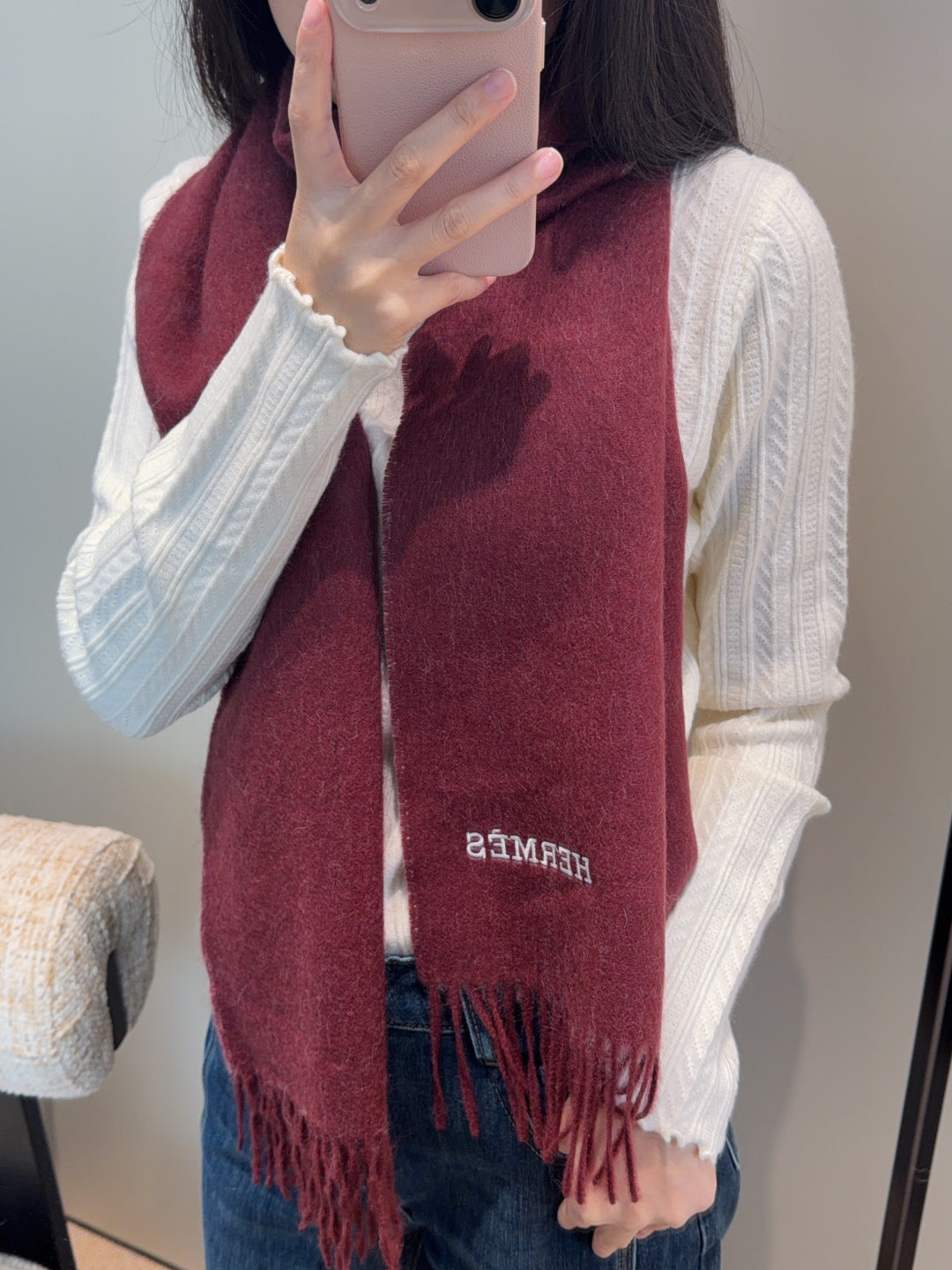 HM Scarf 190 CM Burgundy Wool 969491