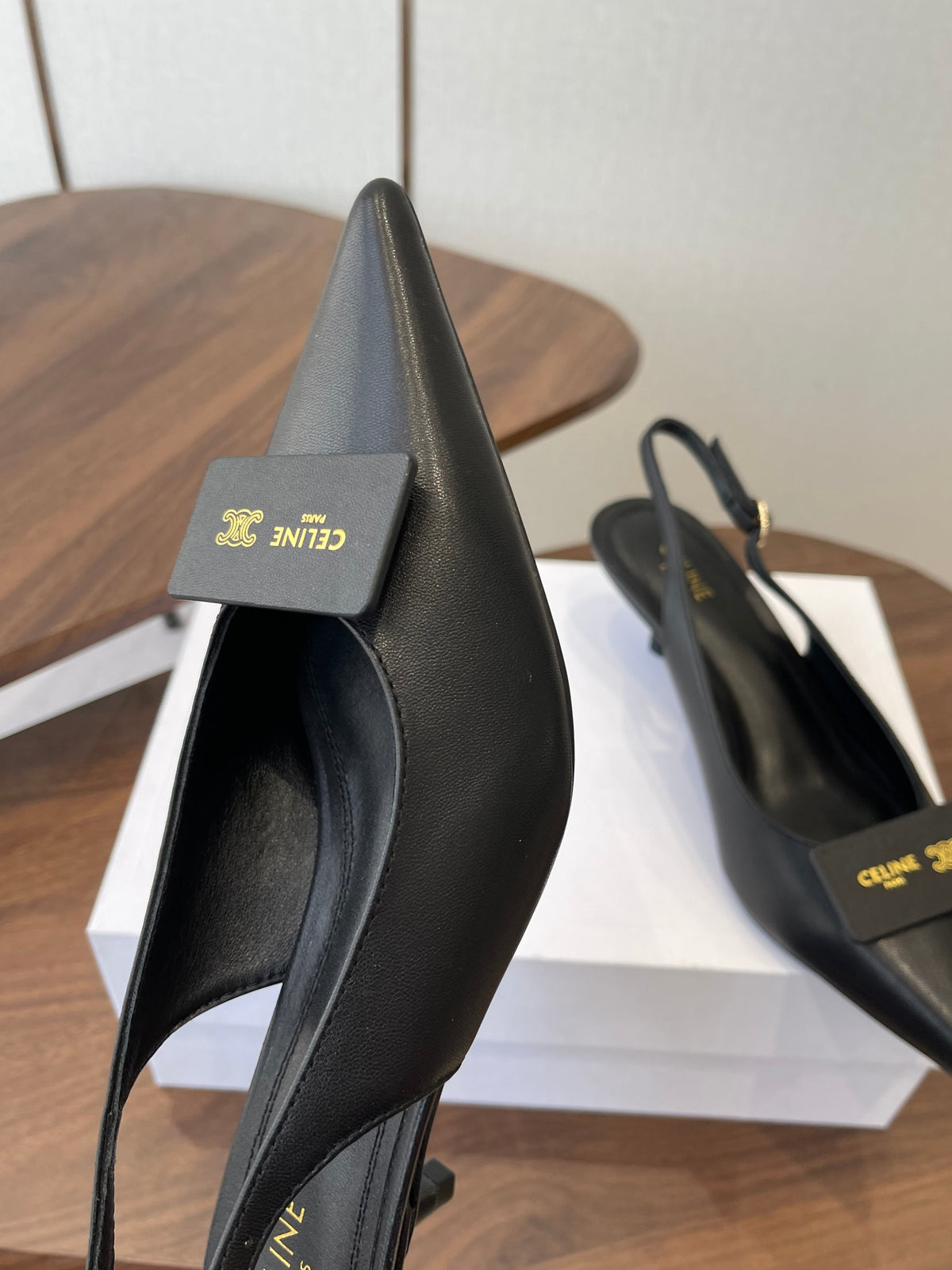 Celine 26  Pointed-Toe Slingback Black Sheepskin 624686
