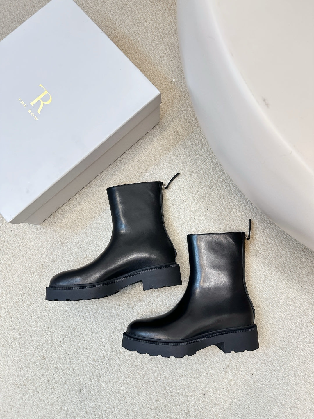 The Row 2025 Zipper Combat Boot Black Lambskin 572084