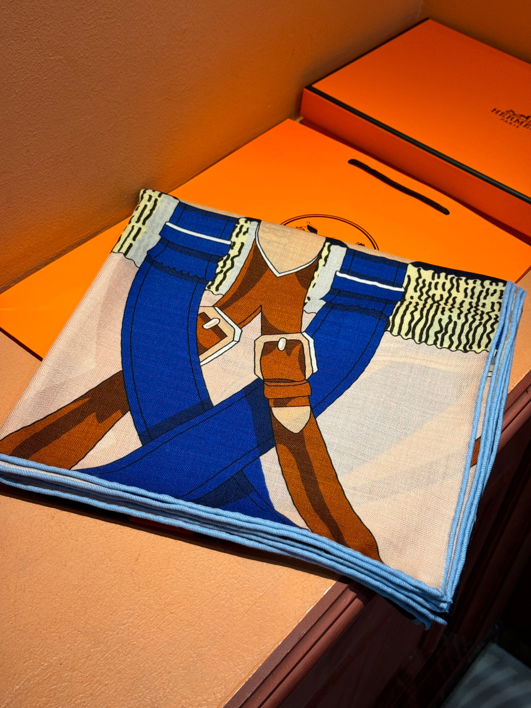 HM 25s Horse Reversible Scarf 140cm Blue Brown Cashmere Silk 967377