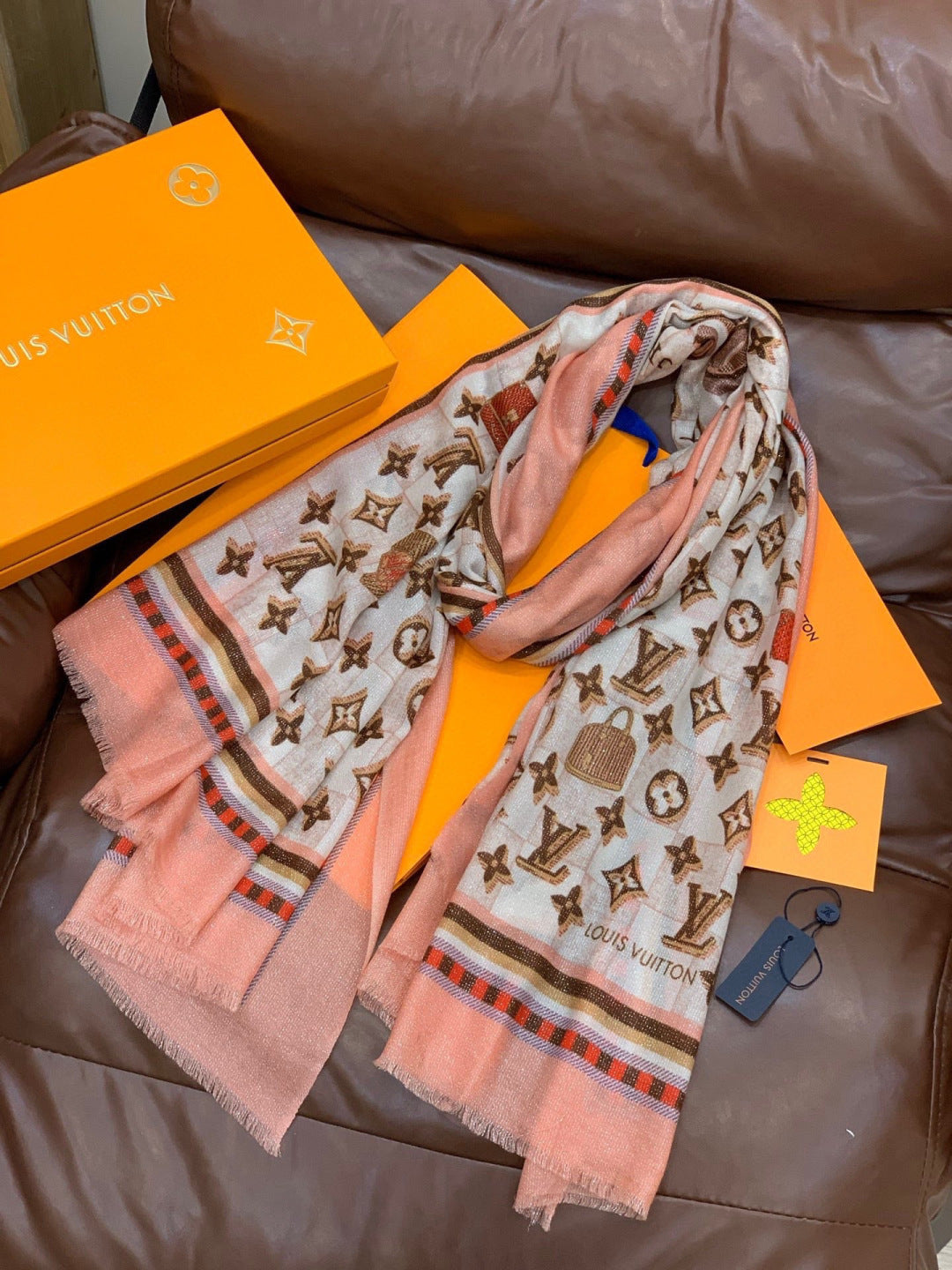 LV Monogram Scarf 200cm White Pink Cashmere 969185