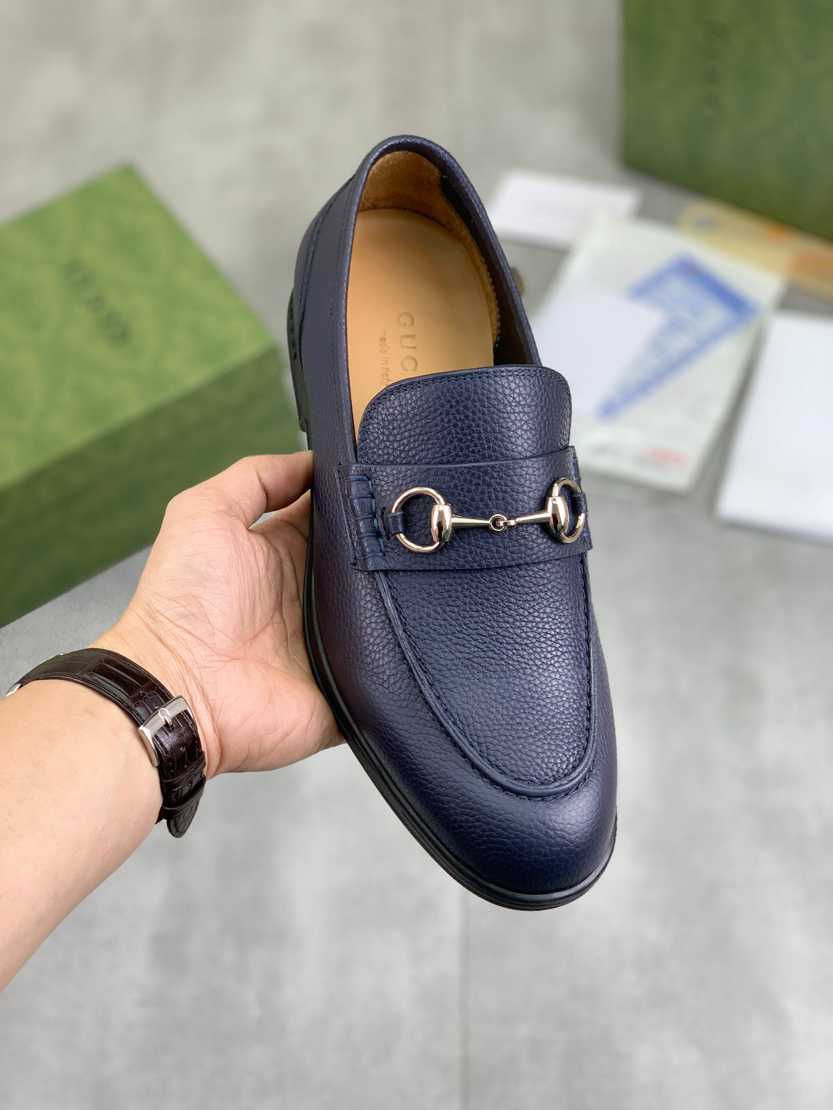 GG Men's Horsebit Loafer Navy Blue Silver Cowhide 524771