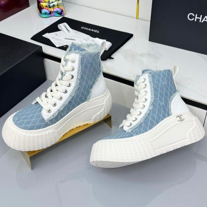 Chanel 2025 High-Top Sneakers Light Blue White Cowhide Denim Frabic 469797