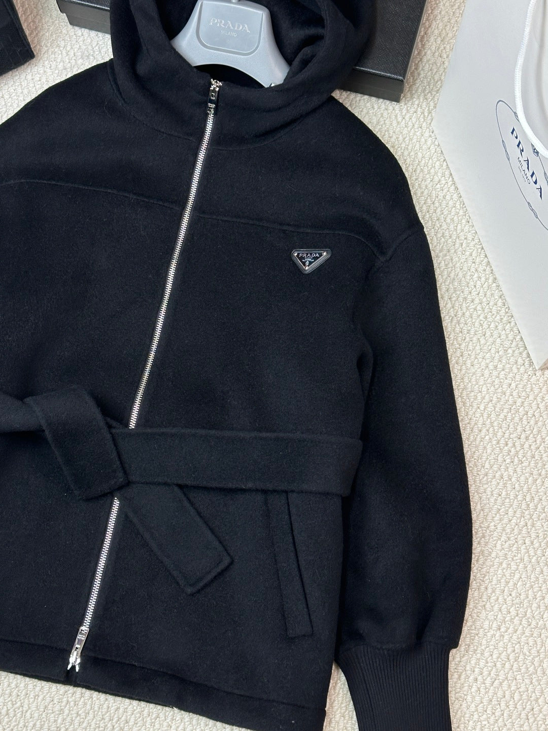 Prada 25 Hooded Coat Black Wool 637349