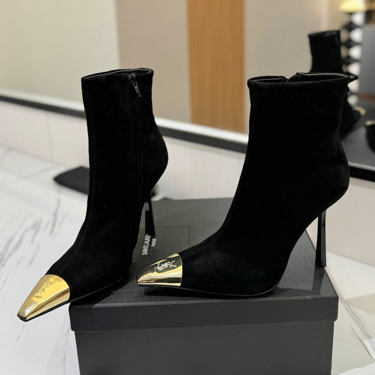 YSL 25 Metal Toe Short Boot Black Gold Suede 520787