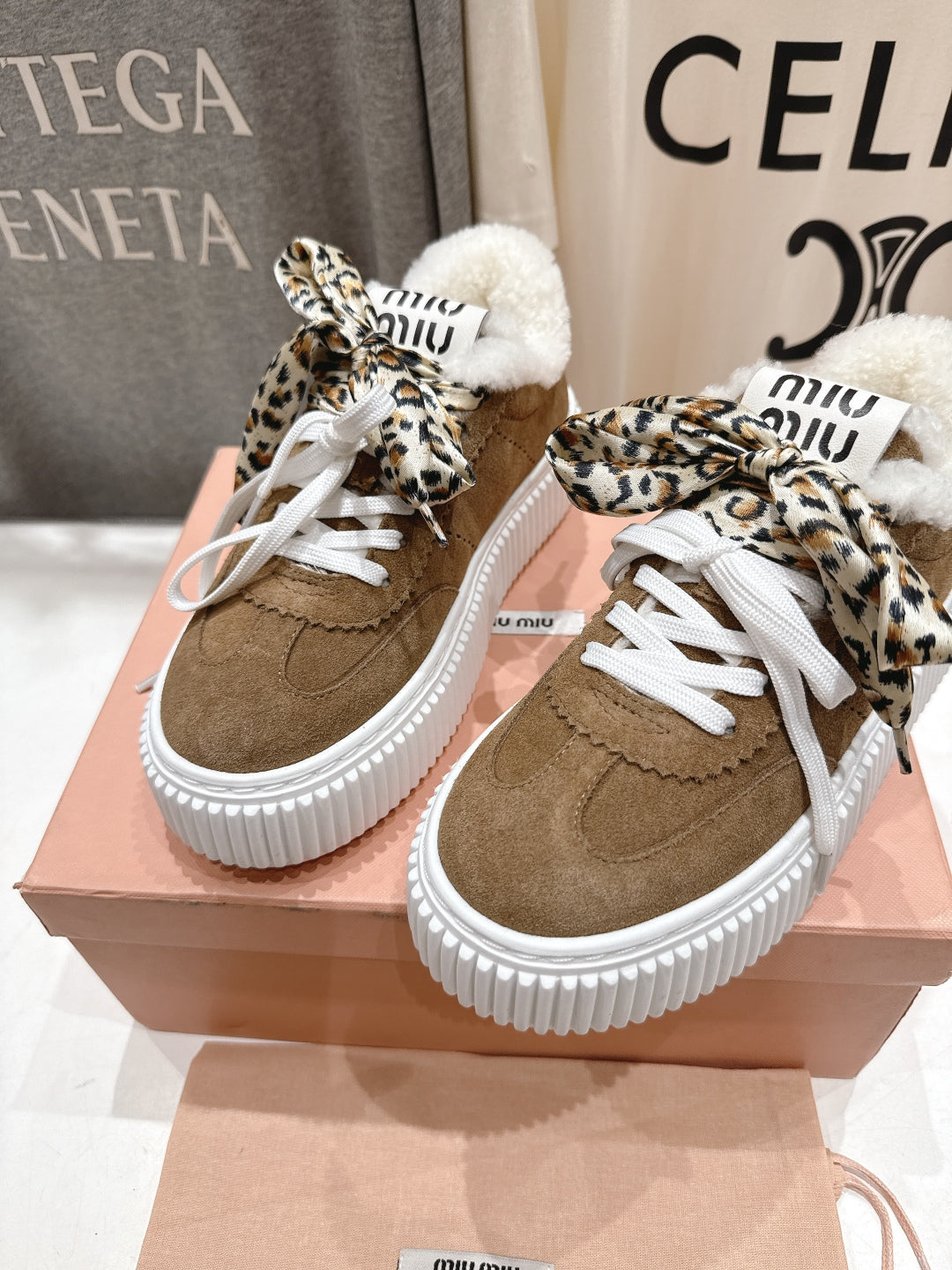 MiuMiu 25 Sneaker Brown White Leopard Suede Wool 535581