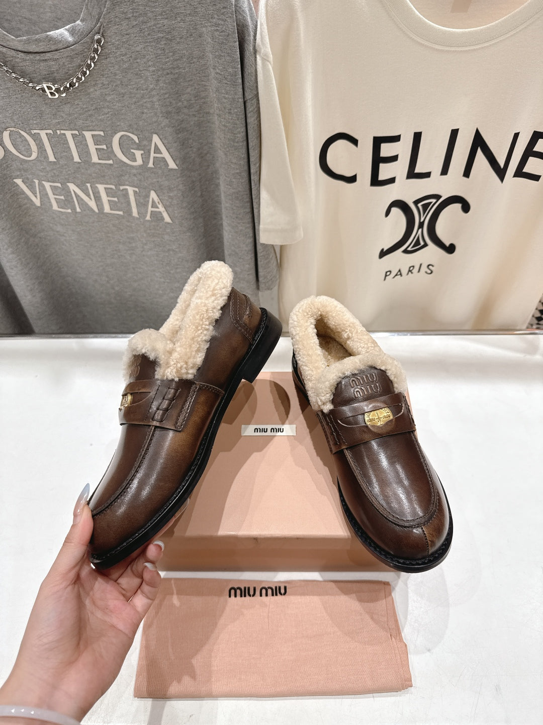 MiuMiu 25 Fur Loafer Brown mix Beige Cowhide 535595