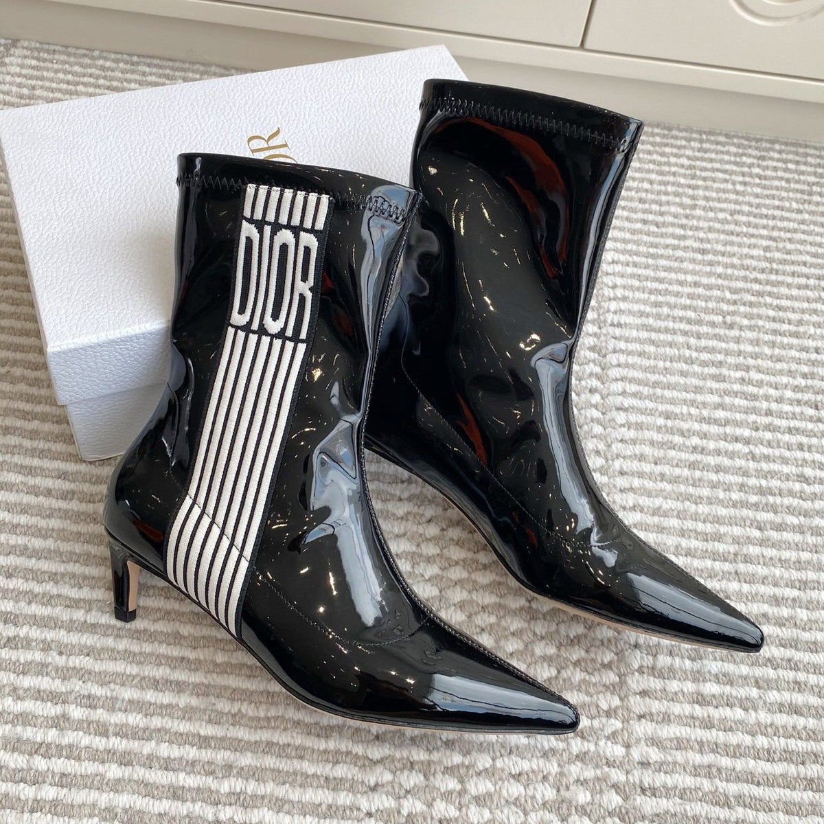 Dior 2025 Tribales Heeled Ankle Boot 50mm Black mix White Patent Leather  501190