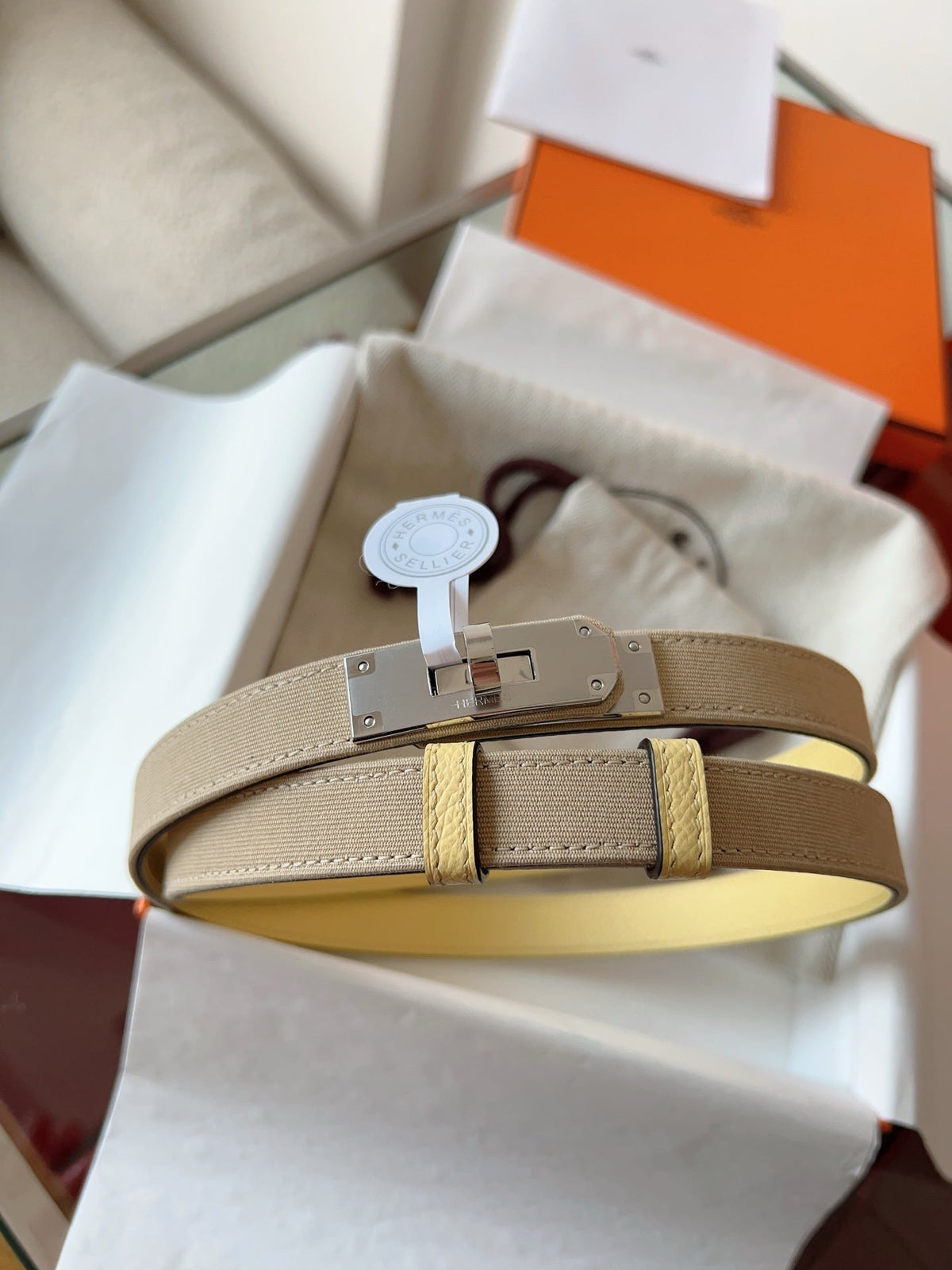 HM Kelly Belt 18mm Beige Canvas Epsom Leather Silver Buckle