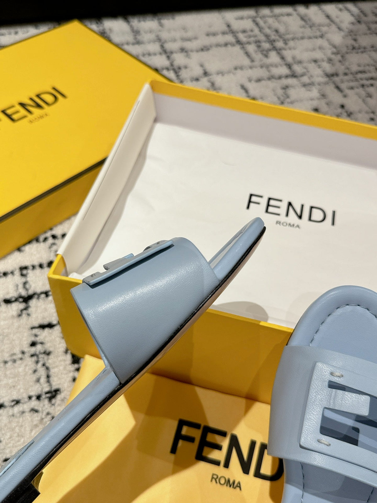 FF Baguette Baby Blue Leather Slide